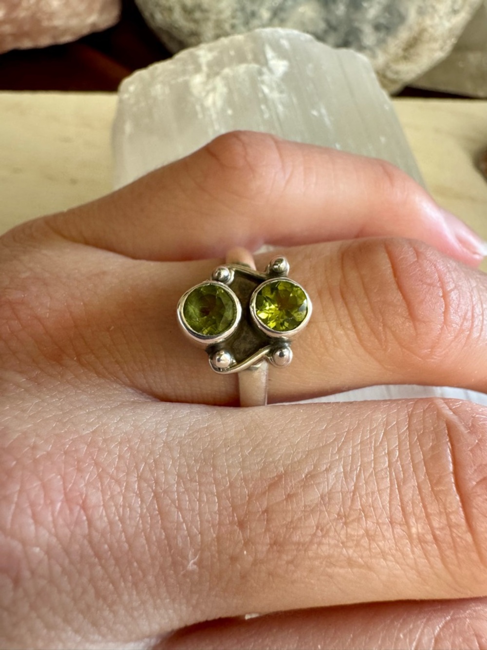 Peridot Sterling Silver Double Gemstone Ring - Olive Green - Size 6.75 - 7